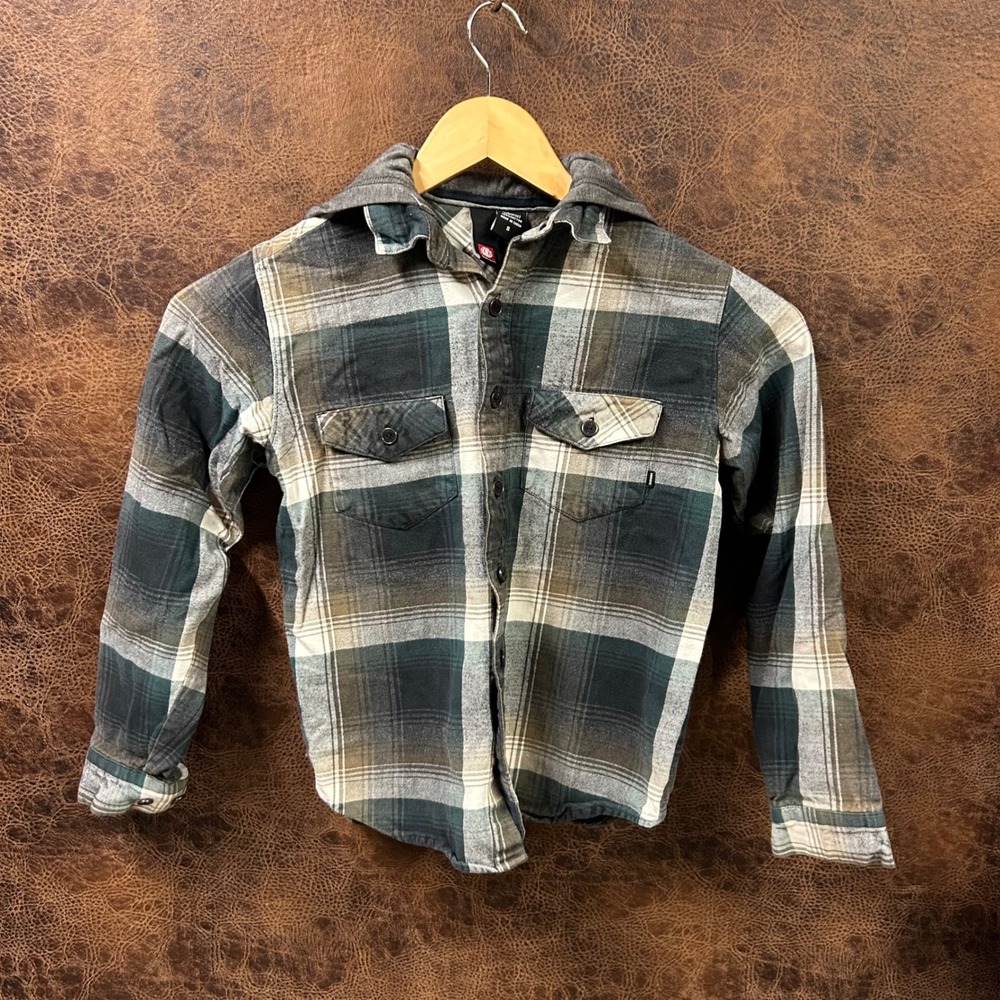 Element Youth Small Green, Brown Plaid and Grey Hooded Button Down Lg Sleeve Top